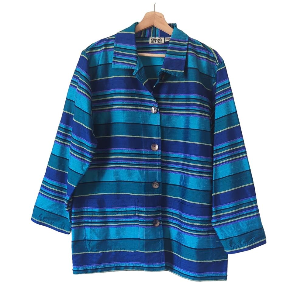 Chico's Design Button Up Jacket Womens 1 Medium Top 100% Silk Blue Striped Artsy